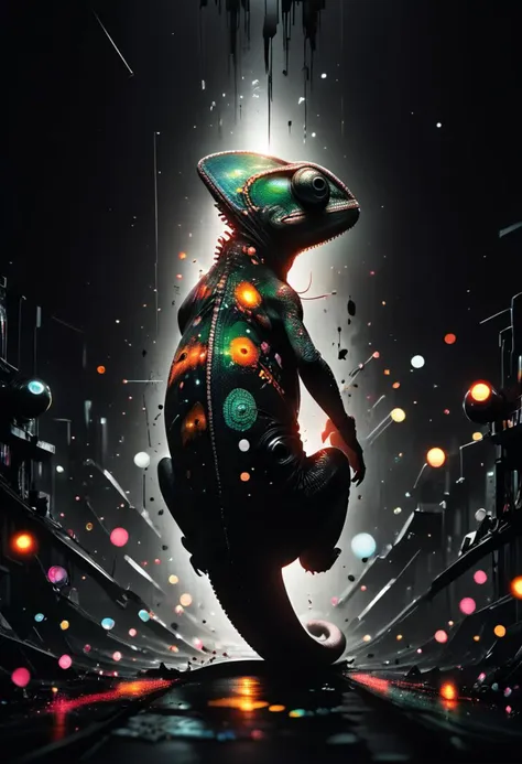 a digital painting of a lizard with a helmet on walking through a city