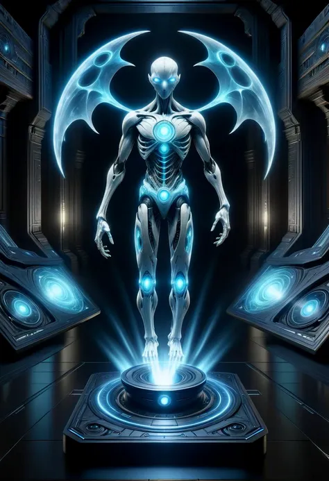 a man in a futuristic suit standing in a room with a glowing light