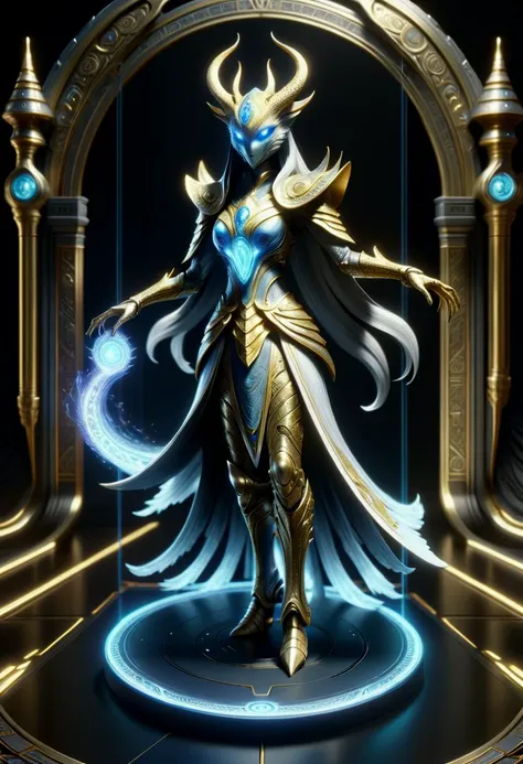 a woman in a golden armor standing in front of a blue light