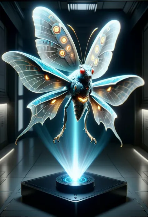 a close up of a large insect with glowing wings on a pedestal