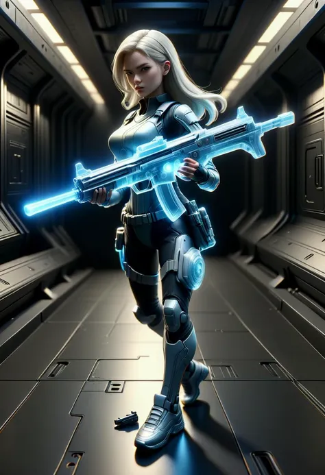 a woman in a futuristic suit holding a gun in a hallway