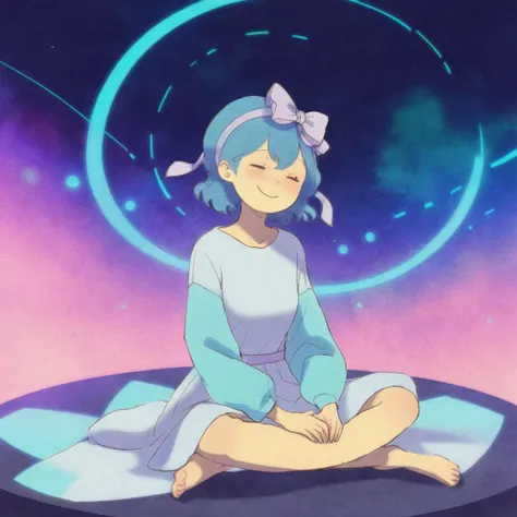 anime girl sitting on a rug with her eyes closed and her eyes closed