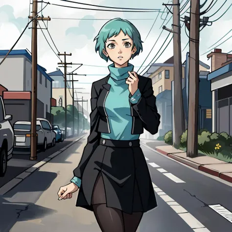 anime girl walking down the street in a blue top and black skirt