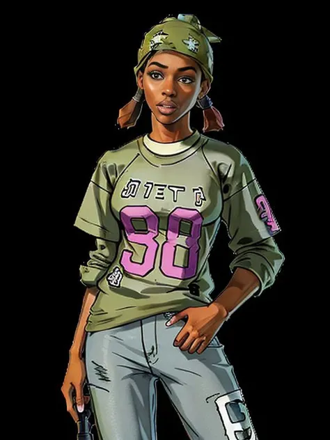 grand theft auto: san andreas style, photorealistic, HD, extremely detailed, 1girl,
DeniseSA, Print Shirt,Shirt over Long Sleeves,Grey pants,beanie 
<lora:DeniseSA:0.6> smooth skin,