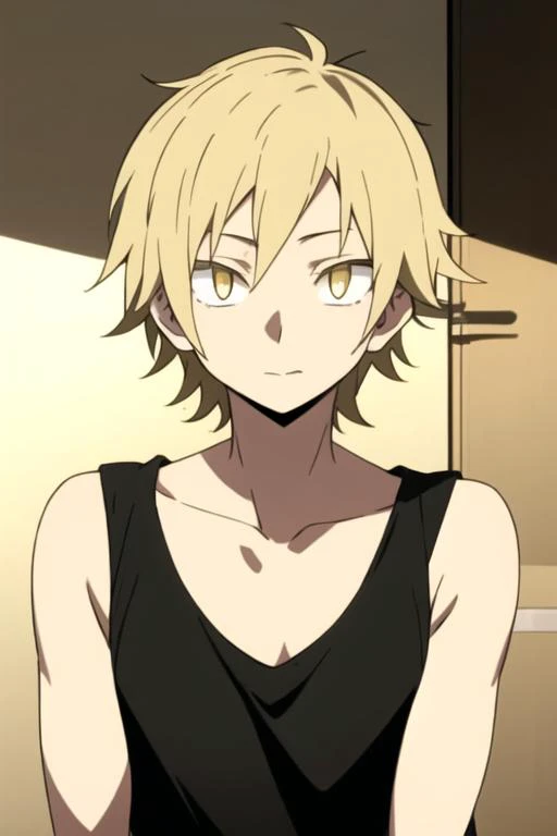 masterpiece, best quality, high quality, 1boy, solo, male focus, looking at viewer, upper body, <lora:shuuya_kano:0.70>, shuuya_kano, blonde hair, yellow eyes, tank top