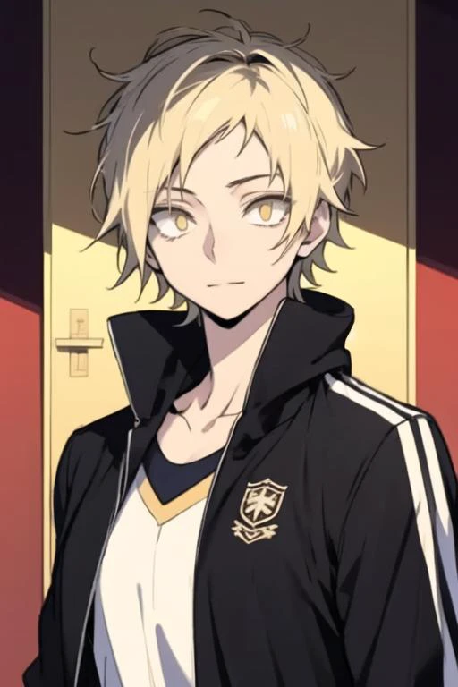 masterpiece, best quality, high quality, 1boy, solo, male focus, looking at viewer, upper body, <lora:shuuya_kano:0.72>, shuuya_kano, blonde hair, yellow eyes, track suit