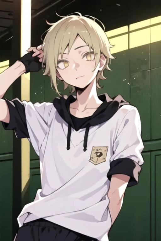 masterpiece, best quality, high quality, 1boy, solo, male focus, looking at viewer, upper body, <lora:shuuya_kano:0.76>, shuuya_kano, blonde hair, yellow eyes, gym uniform