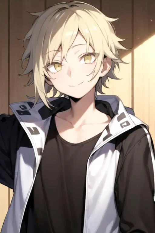 masterpiece, best quality, high quality, 1boy, solo, male focus, looking at viewer, upper body, <lora:shuuya_kano:0.72>, shuuya_kano, blonde hair, yellow eyes, track suit