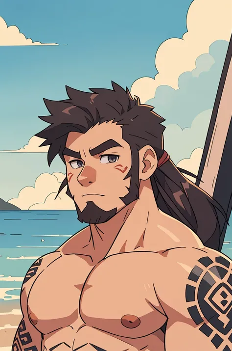 (1man), portrait, handsome,polynesian, polynesian tattoo, mountainous horizon, topless,(anime style)