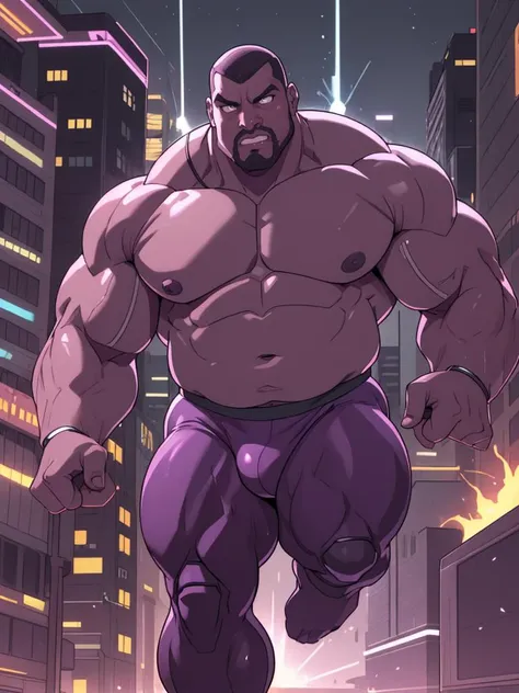 40yo chubby strongman male human, african skin, handsome round face, chubby, purple spandex pants (bulge), topless, cyborg metal arms, thick buzzcut, (running), futuristic city background, detailed eyes, sparks, electric, glow, (angry shout)