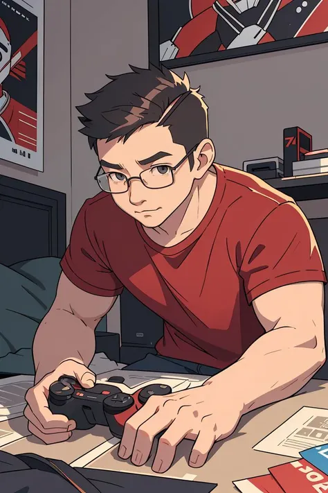 artistic painting, 1boy, headset on the head, a 21 year old (nude asian guy), glasses, penis,  many controllers and consoles, lying on the floor, Depth of field, Many scattered posters and snacks, bedroom, angle, tilt-shift effect, cinematic angle, red shi...