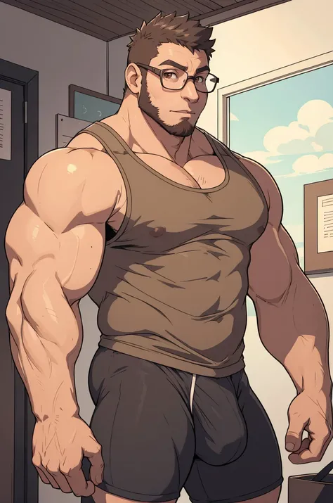 (1man),(bara style), muscular, brown eyes, casual clothes, handsome,(nerd:1.2),wearing a tight tank top, dynamic,wearing a tight short, big bulge,