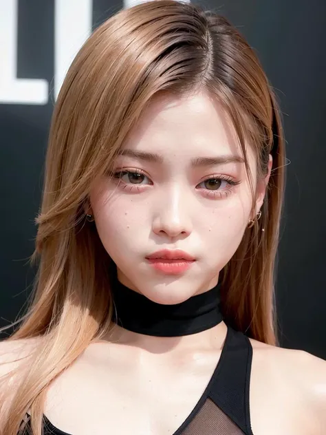 (face portrait:1.3) of Ryujin Itzy,  wearing a (black minidress:1.3), (brown blonde hair:1.3), k-pop Idol, (kiss:1.2), red lips, contrapposto, best quality, ultra high res, (photorealistic:1.3), 1girl, <lora:Ryujin Itzy:0.7>