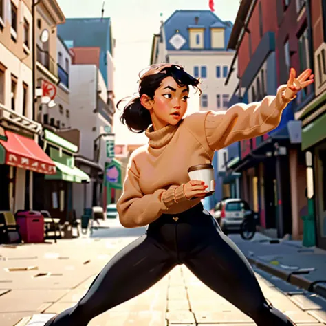 European street scene of a beautiful, (fat) (woman) holding a ((paper coffee cup)) in a fighting stance, warm sweaters, (knit sweater), (black yoga pants), (soft boots), fighting pose, fighting stance, <lora:fight-10:1>,  <lora:edgAutumnDressCode:1>, cinem...