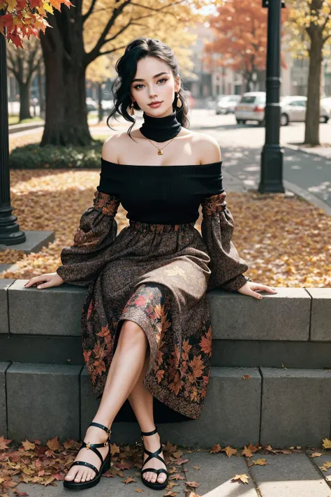 ((Masterpiece, best quality,edgQuality)), smug,smirk,
edgADC_fashion,
long dress, autumn leaves print,sandals,off shoulder turtleneck
,wearing edgADC
<lora:edgAutumnDressCode:1>