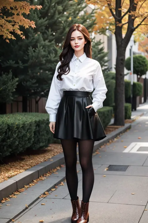 ((Masterpiece, best quality,edgQuality)), smug,smirk,
edgADC_fashion, long hair, looking at viewer, skirt, brown hair, shirt, standing, full body, pantyhose, outdoors, shoes, blurry, tree, lips, black pantyhose, red footwear, realistic, hands in pockets, r...