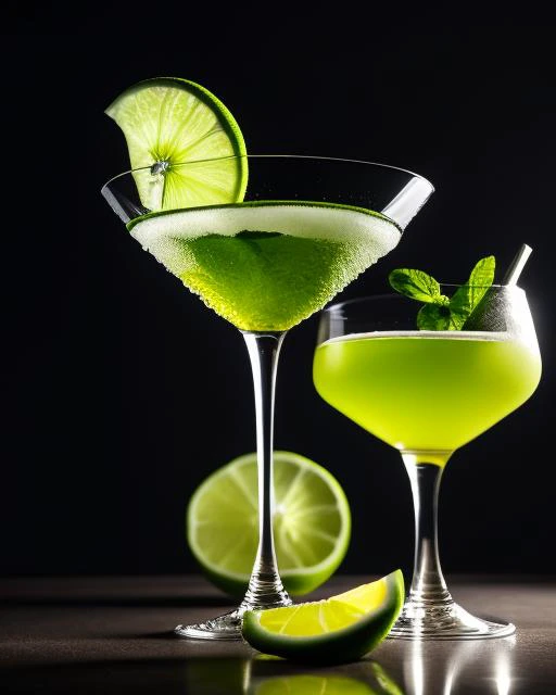 two glasses of green cocktail with lime garnish and a slice of lime