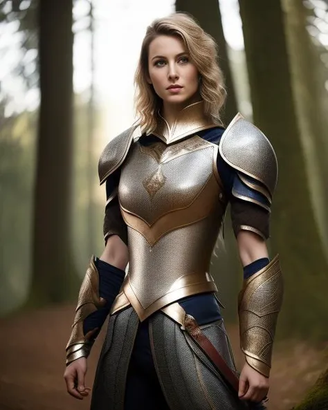 a woman in armor standing in the woods, clothed in ethereal battle armor, light coming off of the armor, girl in knight armor, beautiful female knight, of a beautiful female knight, clothed in ethereal armor, glowing lights in armor, clothed in ancient bat...