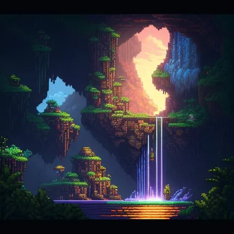 a picture taken from a video game of a cave with a waterfall, beautiful detailed pixel art, detailed pixel artwork, ultra detailed game art, detailed pixel art, high quality pixel art, concept pixelart, dan mumford. maya render,  intricate, elegant, highly...