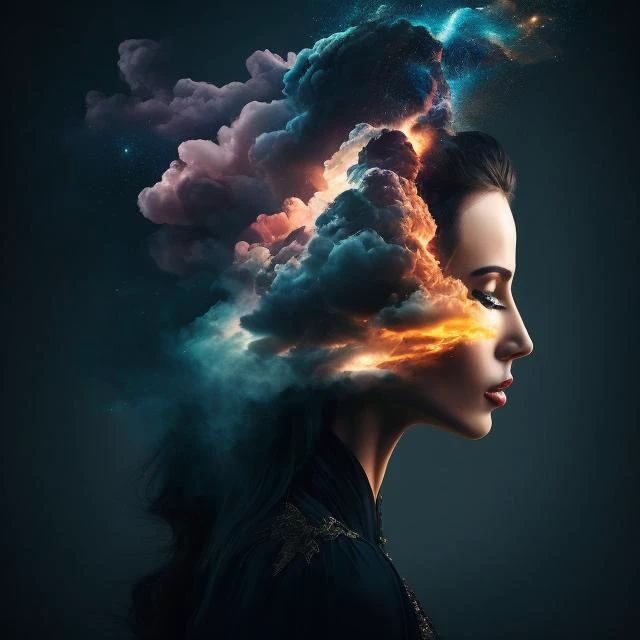 a woman with a cloud of smoke in her head