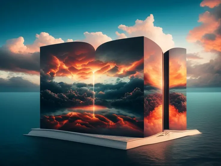 a giant surreal book,open art,in |,masterpiece,cloudy solo,sky sky,standing daily 1other,behind,art outdoors,fantasy front beeple 3 scenery,man cloud,standing,artgem water,landscape,beeple,style,d symmetrical realism from and | of artwork,render digital,cl...