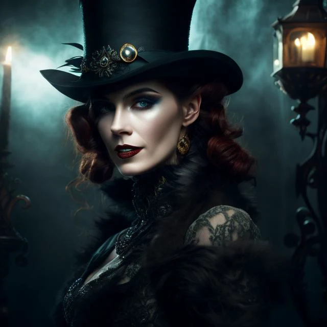 a woman with white makeup and a top hat, portrait of a steampunk ice lady, female mad hatter, the madhatter, portrait of alice in wonderland, dark fantasy portrait, the mad hatter, mad hatter, portrait of a bloodborne hunter, grim-hatter, fantasy portrait,...