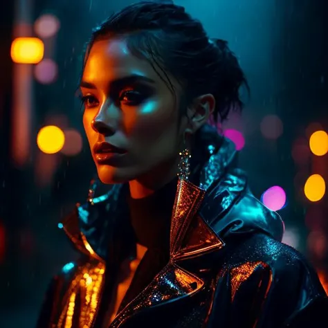 bun, dramatic a portrait, photography depth blurry background, 4 in cyberpunk closed eyes, k, solo, jacket, standing night, cinematic close outdoors, raining the lips, face, raincoat photography, brown woman soft side field, up hair shot at blue shot, atmo...