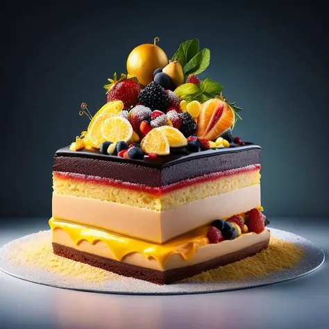 a piece of cake with fruit on top of it, cake art, amazing food illustration, super realistic food picture, amazing food photography, culinary art photography, awesome greate composition, inspired by Mike Winkelmann, by Marie Bashkirtseff, crisp detailed 3...