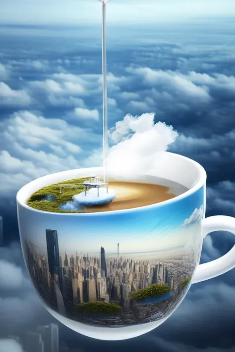 a cup filled with a city on top of a saucer, awesome greate composition, amazing composition, cafe in the clouds, floating city on clouds, floating city in the sky, cup of coffee, great composition, surreal cityscape background, city in the sky, illustarti...