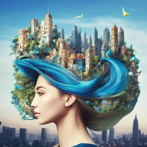 a woman with blue hair and a city in the background