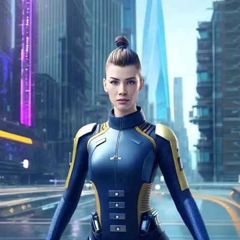 A woman with a sci-punk hairstyle stands boldly in front of a futuristic cityscape. She wears a cutting-edge robot suit that exudes a sense of power and technology. In the background, a magnificent clock tower rises, further emphasizing the blend of sci-fi...