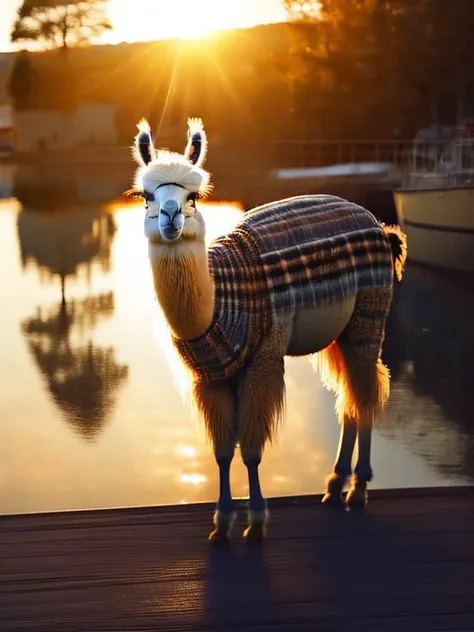 a llama in jeans standing on a dock at sunset, mid-shot portrait of a beautiful, wearing plaid shirt, photo of a beautiful llama, golden hour look, in the sunset, wearing a plaid shirt, a cute and beautiful young llama, wearing a flannel shirt, a beautiful...