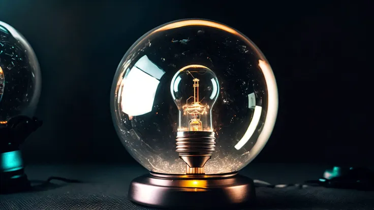 two light bulbs are sitting on a table with a black background