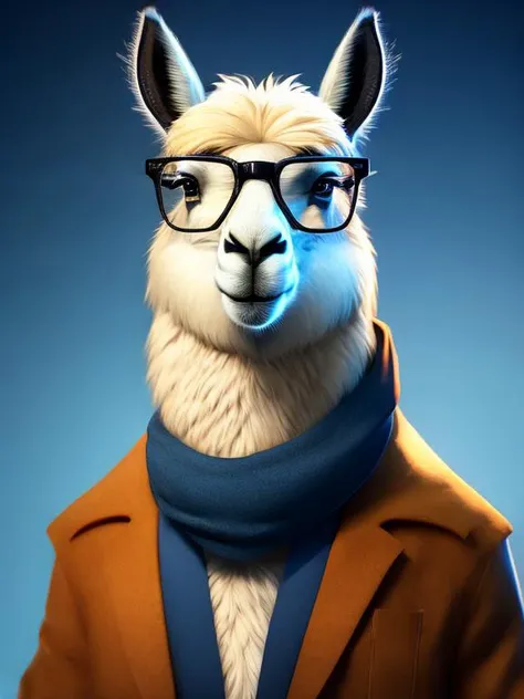 a llama wearing glasses and a scarf with a scarf around its neck