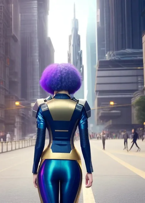 A woman with a sci-punk hairstyle stands boldly in front of a futuristic cityscape. She wears a cutting-edge robot suit that exudes a sense of power and technology. In the background, a magnificent clock tower rises, further emphasizing the blend of sci-fi...