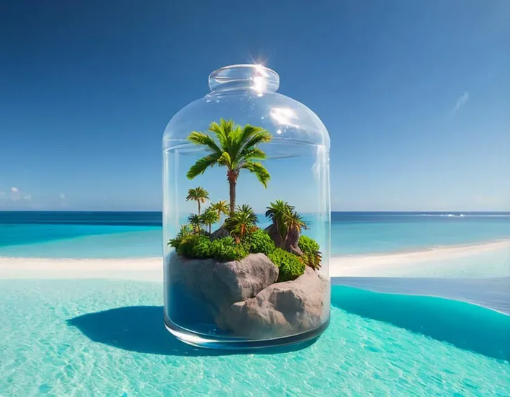 A dreamscape contained within a jar captivates with its surreal water art. The fantasy desert crystal island, shimmering with coral and palm trees, comes to life through Photoshop manipulation. Water flows abundantly inside the terrarium, creating a captiv...