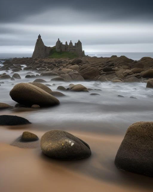 a close up of rocks on a beach with a cloudy sky