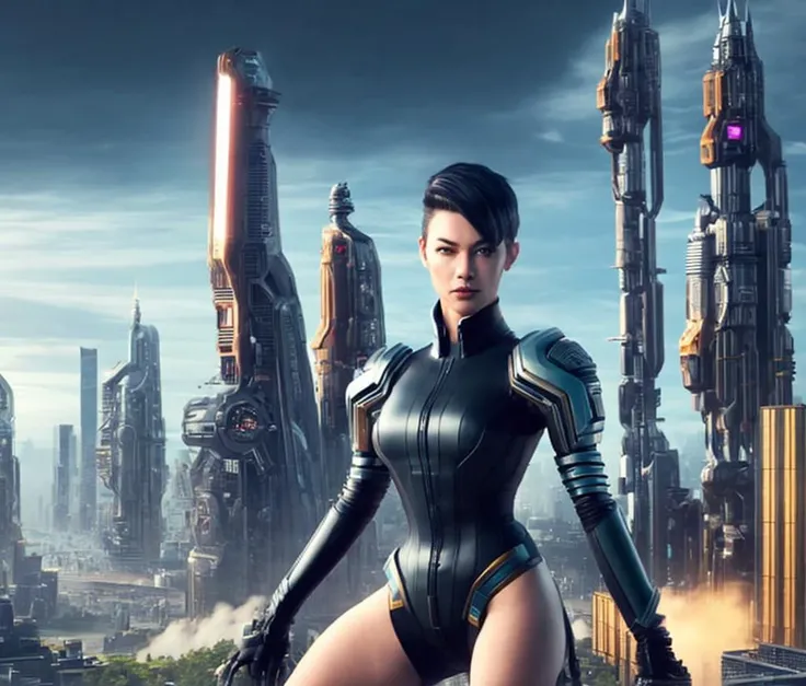 A woman with a sci-punk hairstyle stands boldly in front of a futuristic cityscape. She wears a cutting-edge robot suit that exudes a sense of power and technology. In the background, a magnificent clock tower rises, further emphasizing the blend of sci-fi...