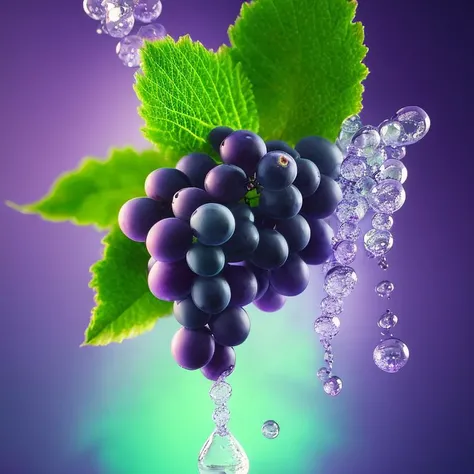 A mesmerizing close-up reveals a cluster of grapes, with water splashing upon them. A single green leaf adorns the top, adding a touch of surreal beauty. Against a captivating purple background, this composition blurs the boundaries between reality and enc...