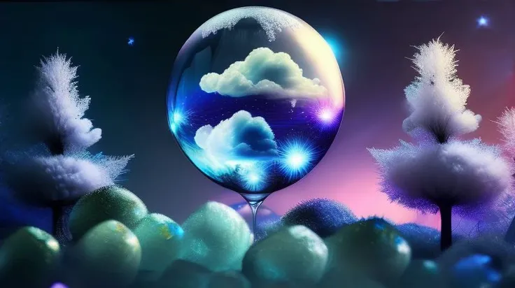 a blue crystal forest, transparent, dynamic lighting, colorful clouds, moon, sparkling, glass, shiny,