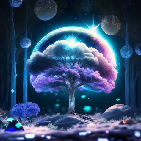 a forest of blue crystal trees, transparent, dynamic lighting, colorful clouds, moon, sparkling, shiny,