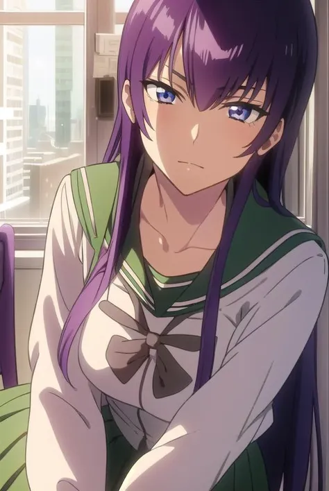 saekobusujima, <lyco:saekobusujima-LYCORIStest:1>,
saeko busujima, long hair, purple hair, (purple eyes:1.1), hair between eyes,
BREAK skirt, long sleeves, bow, school uniform, serafuku, green skirt,
BREAK looking at viewer,
BREAK indoors, classroom,
BREAK...