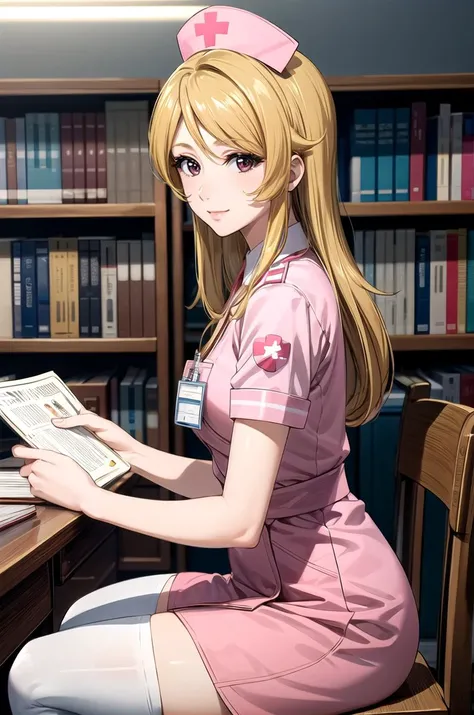 (masterpiece, best quality, detailed), 1girl, solo, looking at viewer, MoriYuki, blonde hair, long hair, brown eyes,
nurse, nurse uniform, white thighhighs, nurse cap, id card, pink dress, indoors, library, bookshelf, book, book stack, sitting, from side, ...