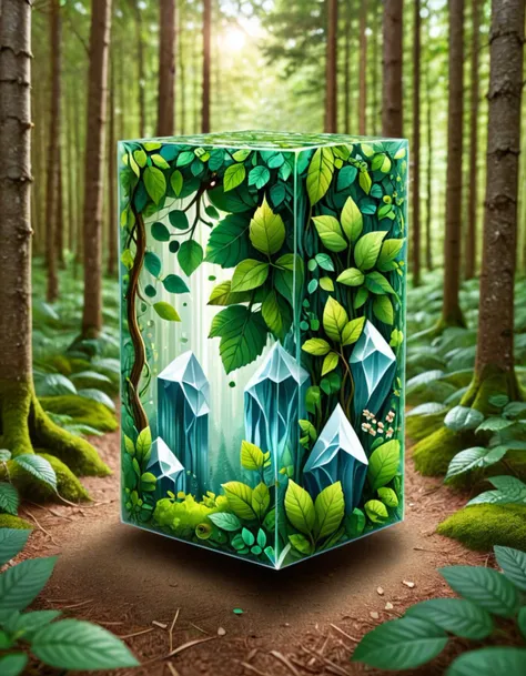 a green cube with a picture of a forest and mountains inside