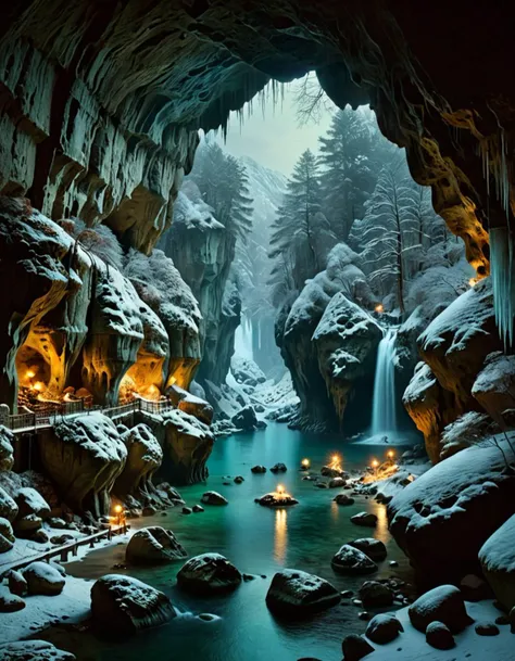 a view of a waterfall in a cave with a waterfall in the background