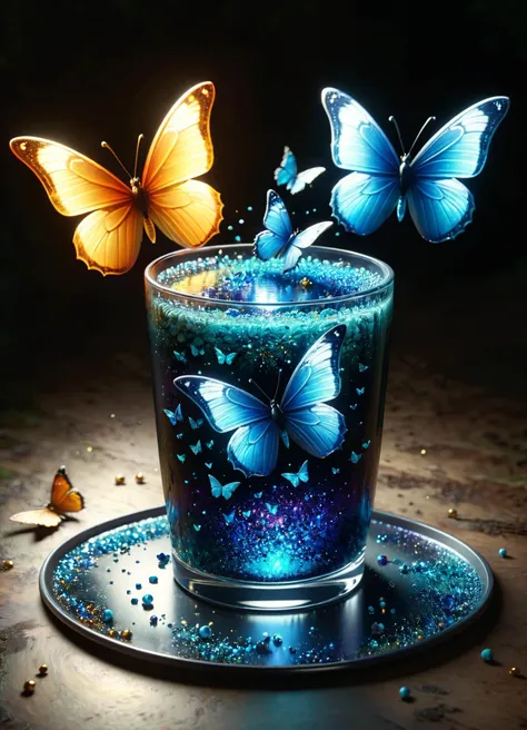 a close up of a glass with a liquid and butterflies