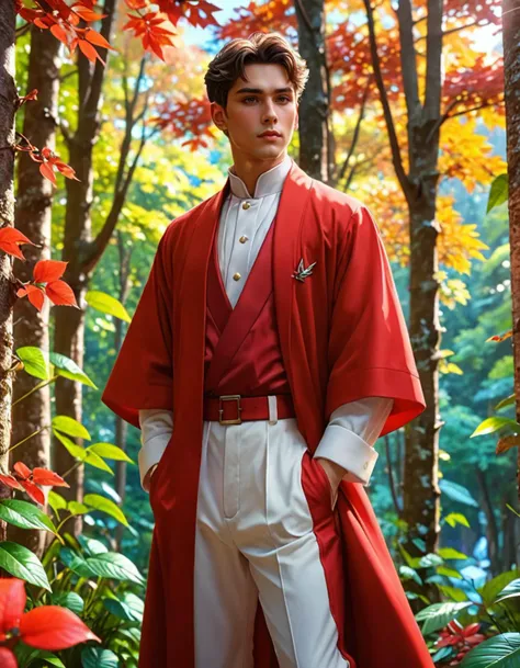 arafed man in red robe standing in a forest with red leaves