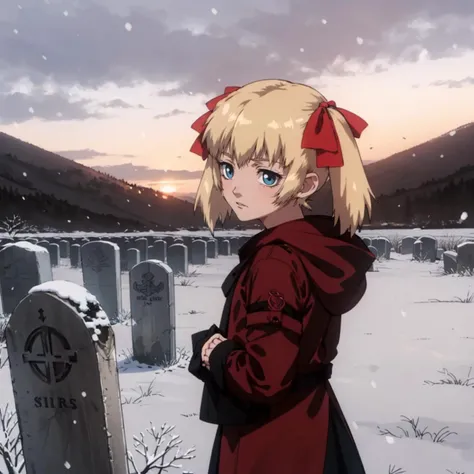 <lora:Layla001:0.7>,
LittleLayla,1littlegirl,
hair ribbon,short twintails,
grave,snow,sunset,