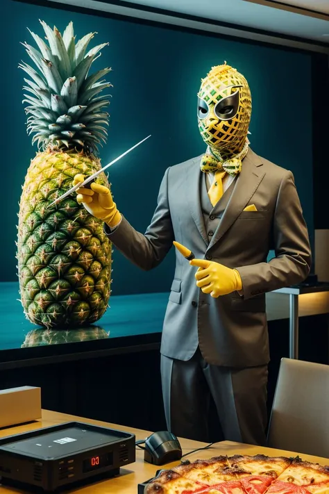 realistic presentation  picture of masked man holding pointer in front of a large screen pizza with pineapples on it <lora:SCE Presentation _v1:0.8:hr=0.1>