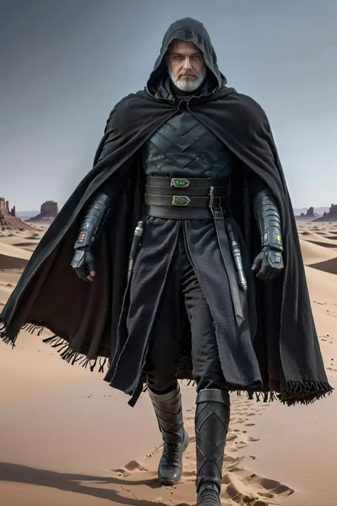 a man in a black cloak and black gloves walking across a desert